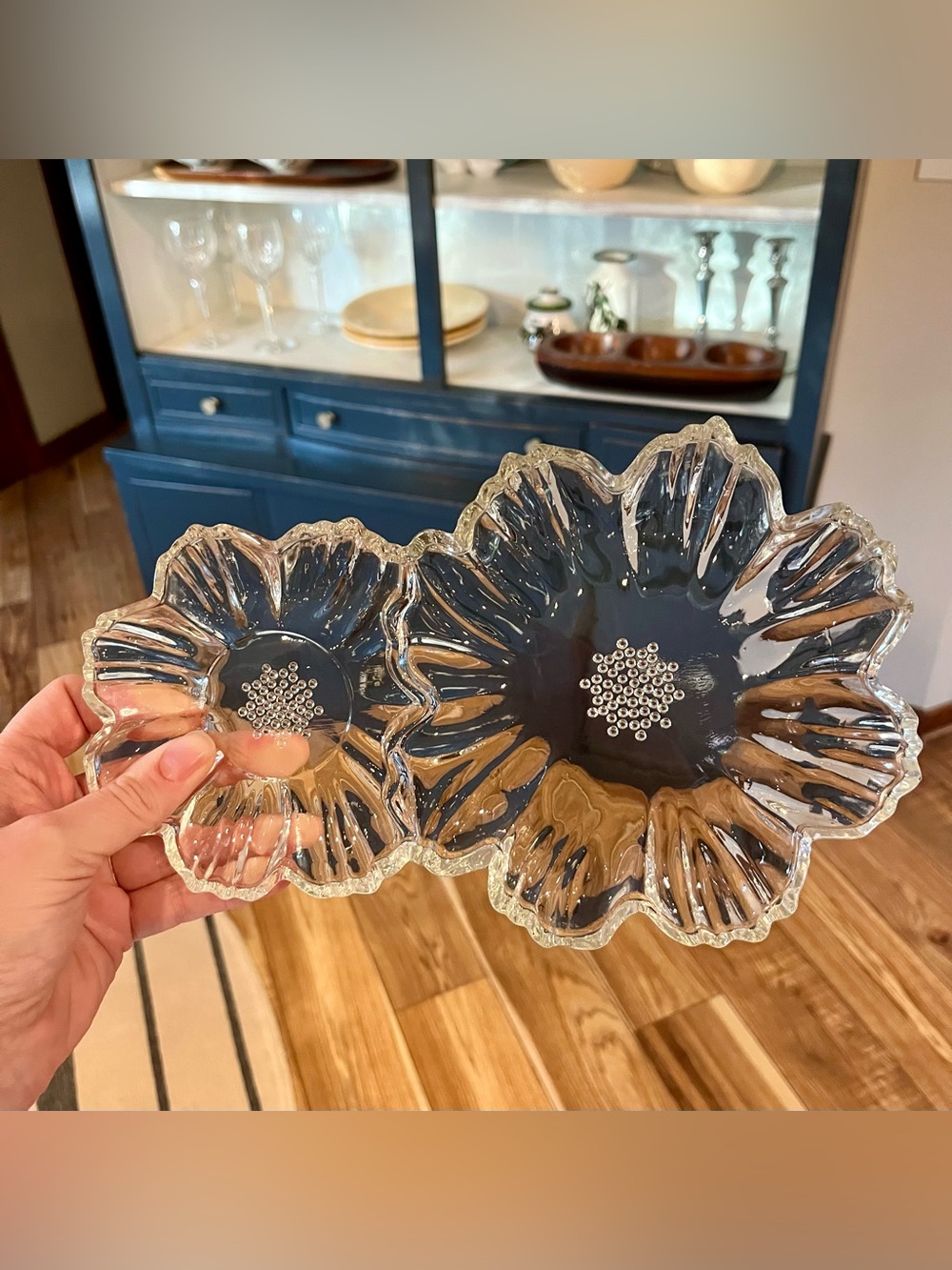 Vintage MCM Hazy-Atlas Double Daisy Pressed Glass Snack Plates - set of 5